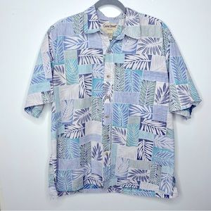 Vintage XL 90s Hawaiian Reverse Block Print Leaves Blue Green Cooke Street
